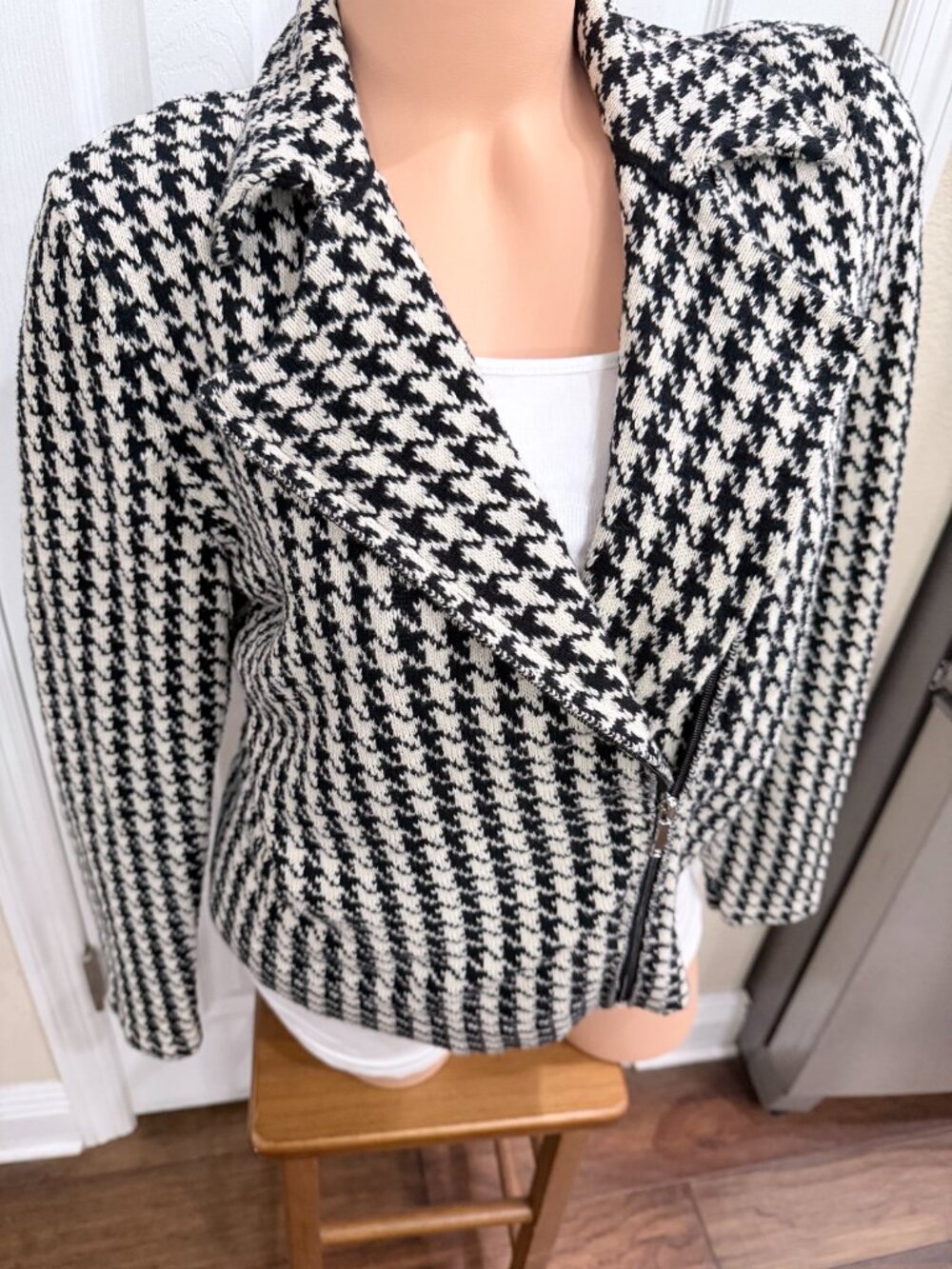 Chaps Houndstooth Knit Moto Jacket Large Black Ivory Asymmetrical Zip Cotton